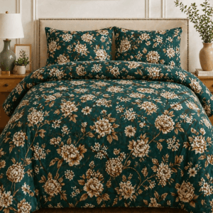 Dark Green Vintage Floral Bedsheet | Elegant Home Bedroom Decor