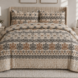 Elegant Beige & Charcoal Damask Bedsheet - Premium Cotton Bedspread Set