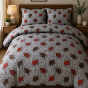 Grey Autumn Leaf Print Bedsheet Set with Red & Brown Leaves – Soft Premium Bedding