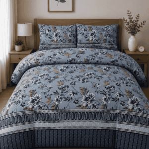 Luxury Blue & Grey Floral Printed Bedspread with Pillow Covers