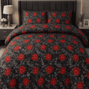 Black & Red Floral Bedsheet Set – Bold Rose Pattern Premium Bedding