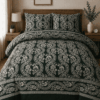 Premium Emerald Green Cotton Bedspread with White Vintage Print