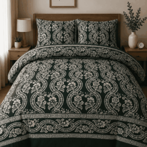 Premium Emerald Green Cotton Bedspread with White Vintage Print