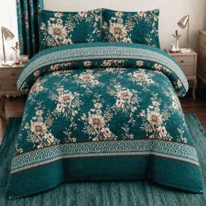 Premium Teal Bedding Set – Luxury Floral Pattern Duvet Cover with Ethnic Border | Soft Cotton Bedsheet Set