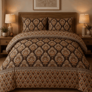 Luxury Brown Damask King Size Bedsheet – Elegant Geometric Border Bedding Set