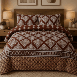 Rustic Brown Leaf Print Bedsheet - Nature-Inspired Cotton Bedspread