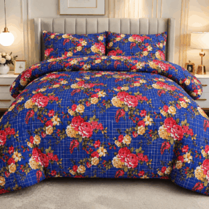 Royal Blue Checkered Rose Floral Bedding Collection