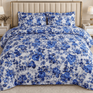 Luxury Royal Blue Flower Pattern Double Bed Sheet - Soft Breathable Fabric for Master Bedroom