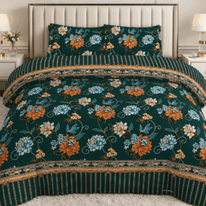 Elegant Forest Green Floral & Striped Bedding Collection