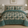 Luxury Beige & Teal Flower Print Bed Sheet | Elegant Double Bedding
