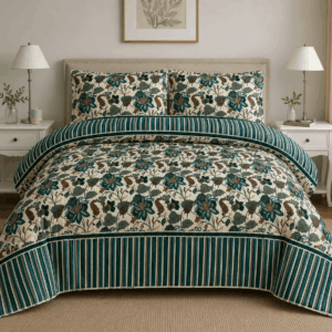 Luxury Beige & Teal Flower Print Bed Sheet | Elegant Double Bedding